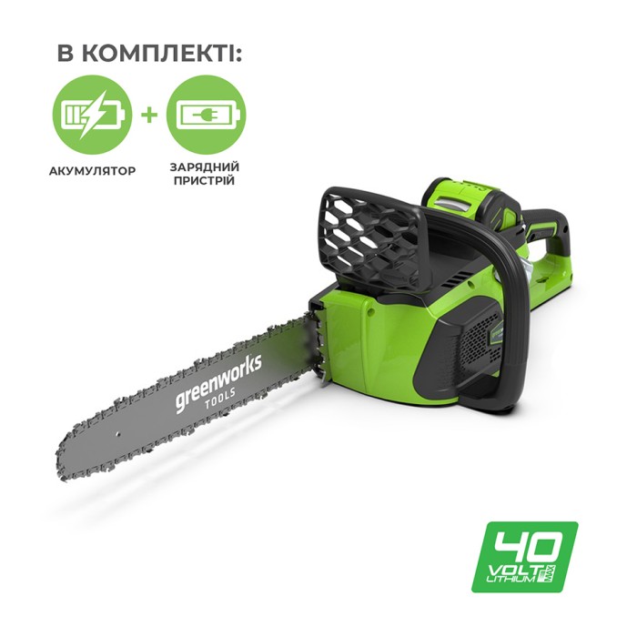 Акумуляторна ланцюгова пила Greenworks GD40CS40K4 (40 В, 4 А*год, 400 мм) (20077UB) Акумуляторна ланцюгова пила Greenworks GD40CS40K4 (40 В, 4 А*год, 400 мм) (20077UB)