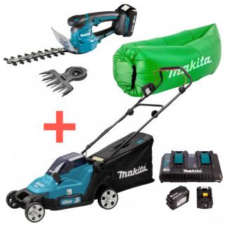 Акумуляторні газонокосарка Makita DLM432CT2 + ножиці Makita DUM111SYX + ламзак (SOFA-DLM-2-R)