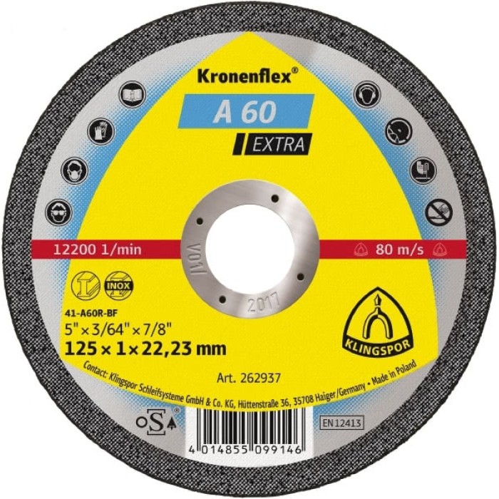 Klingspor Круг відрізний 115х1,0х22 А60N Extra Inox, метал